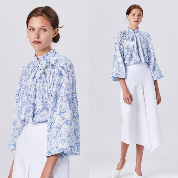 Tibi Tops - Tibi Isa Blue Toile Pleated Edwardian Cropped Blouse with Ribbed Cuffs in Size 4